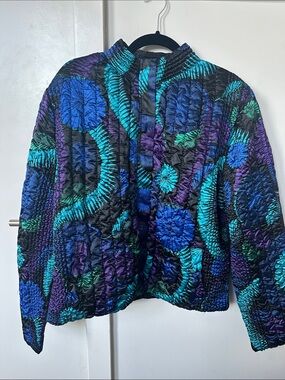 Vintage Quilted Floral Pattern Jacket - Blue Teal Purple